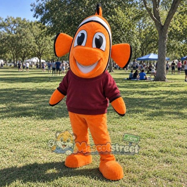 Orange Clownfish Mascot Costume with Burgundy Sweatshirt