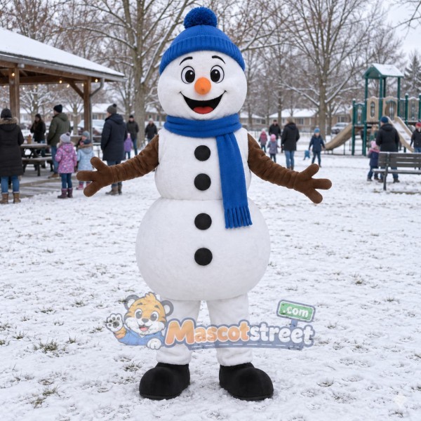 Snowman Mascot Costume with Blue Scarf and Hat