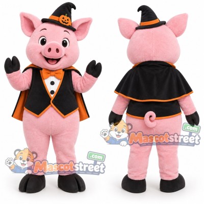 Pink Pig Mascot Costume with Witch Hat and Cape Pink Pig Mascot Costume with Witch Hat and Cape