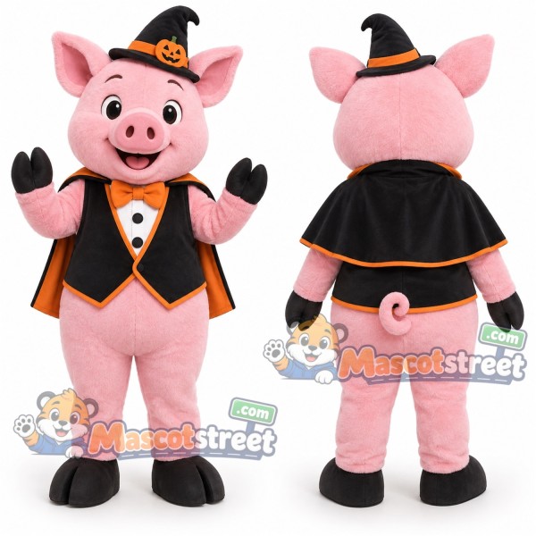 Pink Pig Mascot Costume with Witch Hat and Cape