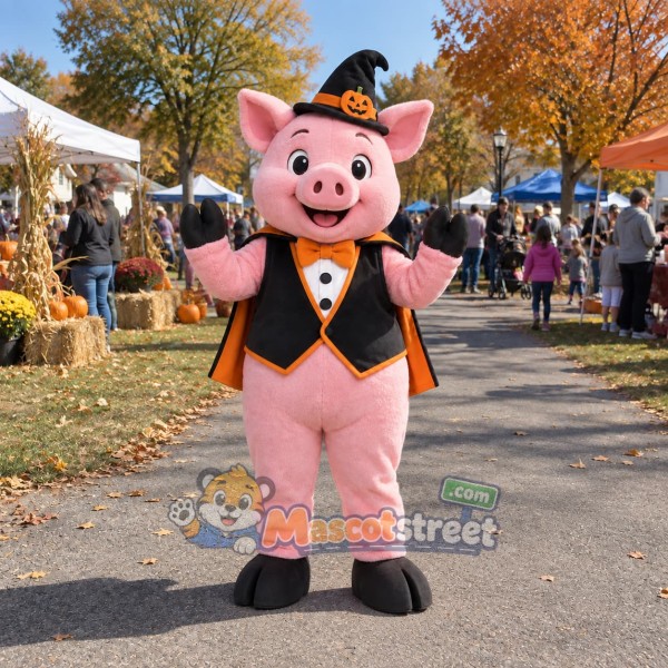 Pink Pig Mascot Costume with Witch Hat and Cape