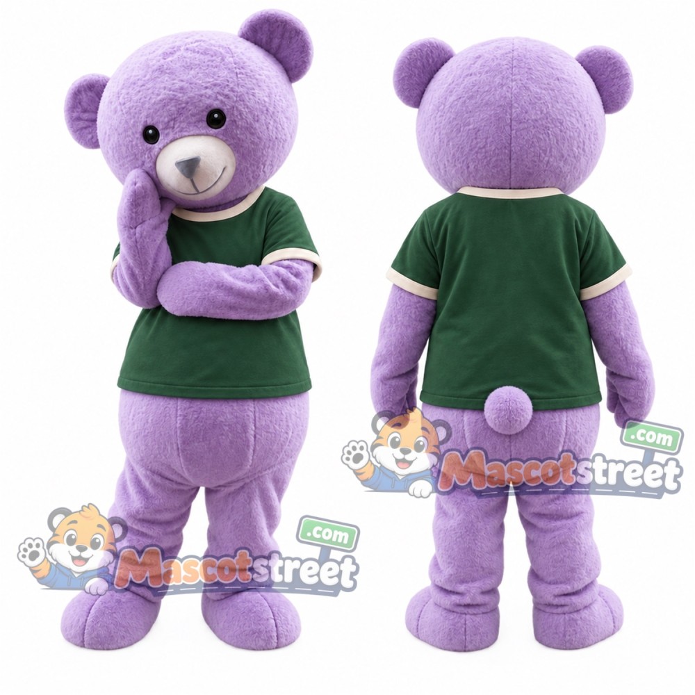 Purple Bear Mascot Costume with Green Shirt Purple Bear Mascot Costume with Green Shirt