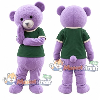 Purple Bear Mascot Costume with Green Shirt Purple Bear Mascot Costume with Green Shirt