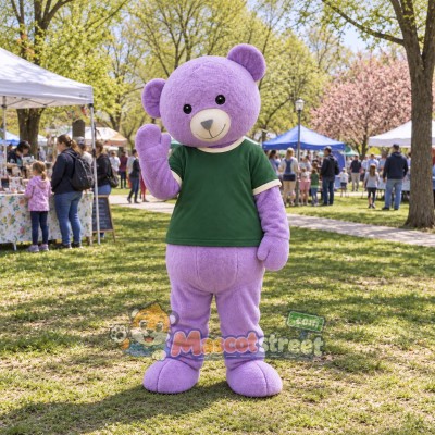 Purple Bear Mascot Costume with Green Shirt Purple Bear Mascot Costume with Green Shirt