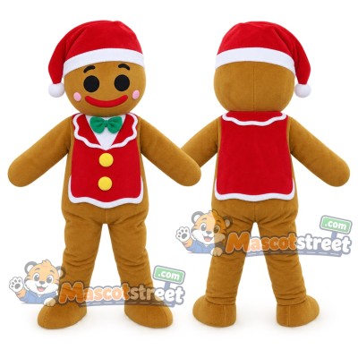 Gingerbread Cookie Mascot Costume with Santa Hat and Red Vest Gingerbread Cookie Mascot Costume with Santa Hat and Red Vest