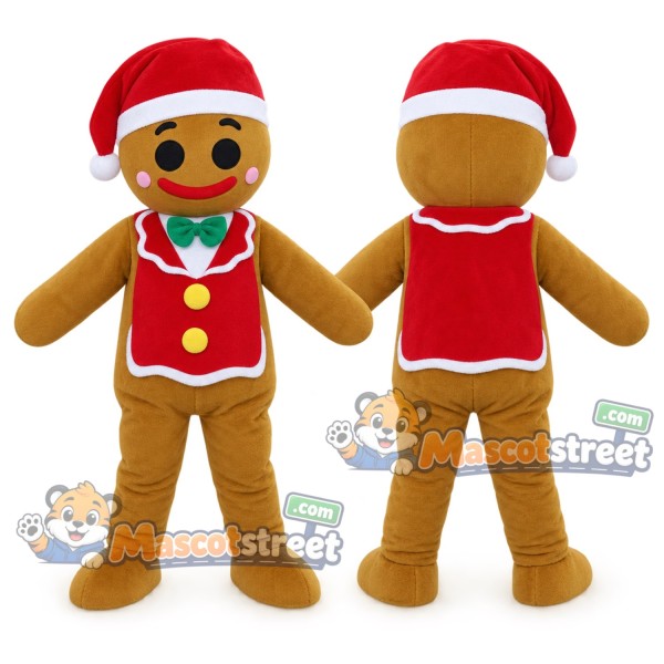 Gingerbread Cookie Mascot Costume with Santa Hat and Red Vest