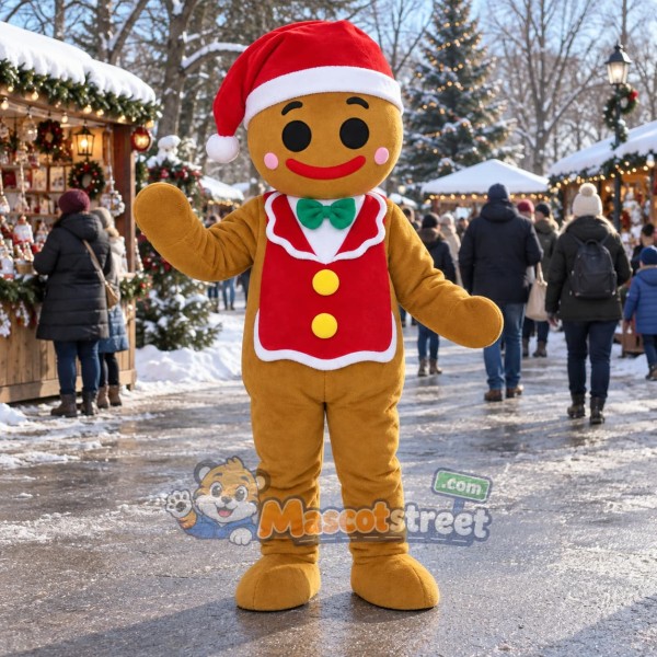 Gingerbread Cookie Mascot Costume with Santa Hat and Red Vest