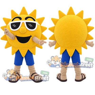 Sun Mascot Costume with Blue Shorts and Sunglasses Sun Mascot Costume with Blue Shorts and Sunglasses