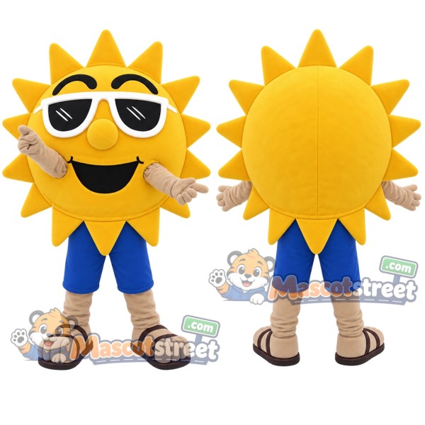 Sun Mascot Costume with Blue Shorts and Sunglasses