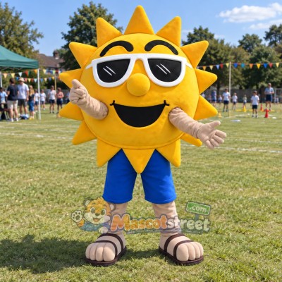 Sun Mascot Costume with Blue Shorts and Sunglasses Sun Mascot Costume with Blue Shorts and Sunglasses