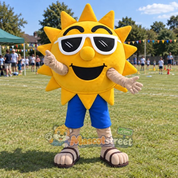 Sun Mascot Costume with Blue Shorts and Sunglasses