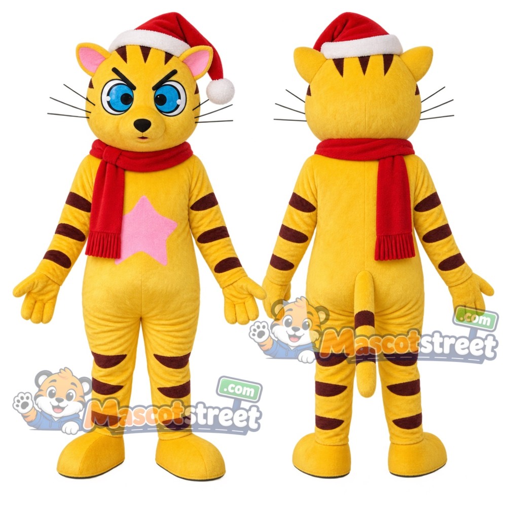 Yellow Cat Mascot Costume with Santa Hat and Red Scarf