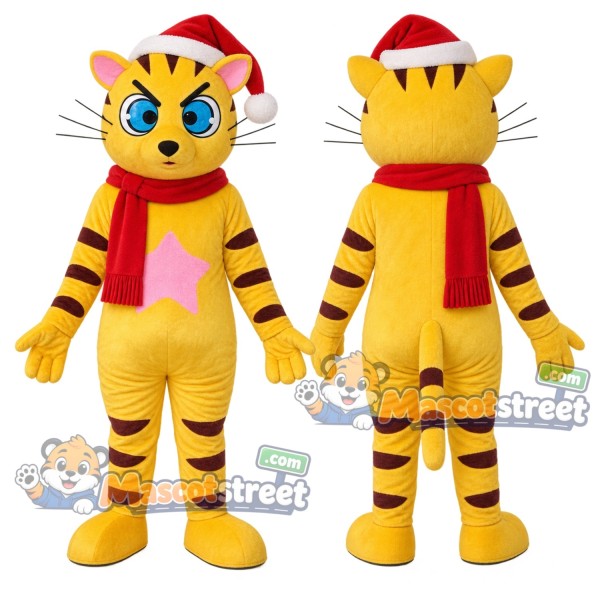 Yellow Cat Mascot Costume with Santa Hat and Red Scarf