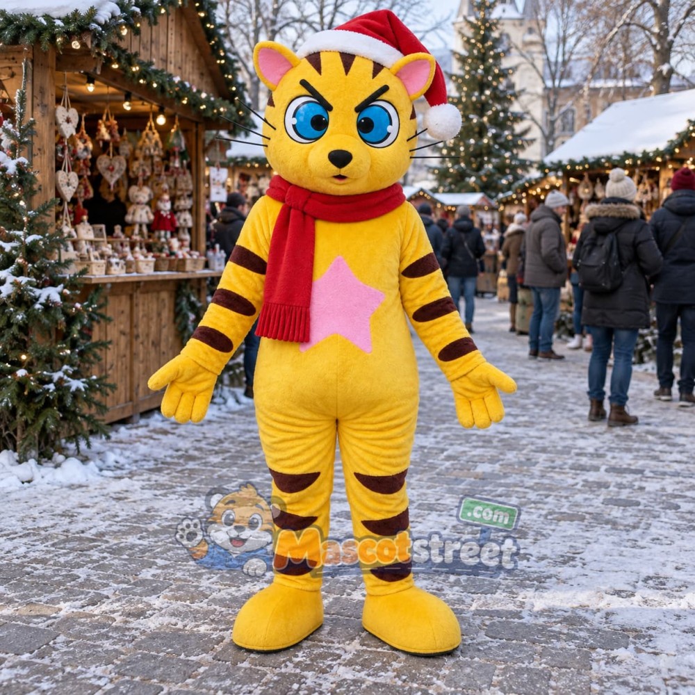 Yellow Cat Mascot Costume with Santa Hat and Red Scarf