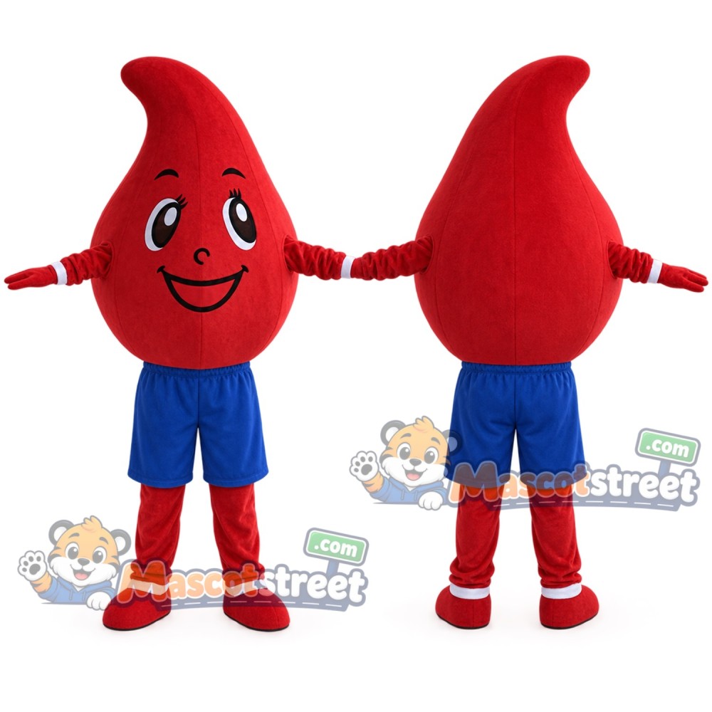 Red Blood Drop Mascot Costume with Blue Shorts Red Blood Drop Mascot Costume with Blue Shorts