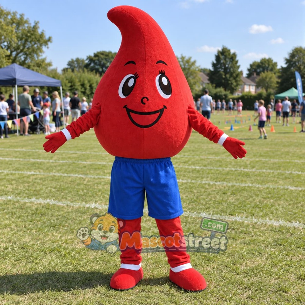 Red Blood Drop Mascot Costume with Blue Shorts Red Blood Drop Mascot Costume with Blue Shorts