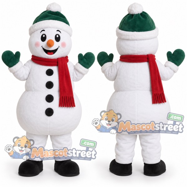 Snowman Mascot Costume with Green Hat and Red Scarf