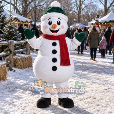 Snowman Mascot Costume with Green Hat and Red Scarf