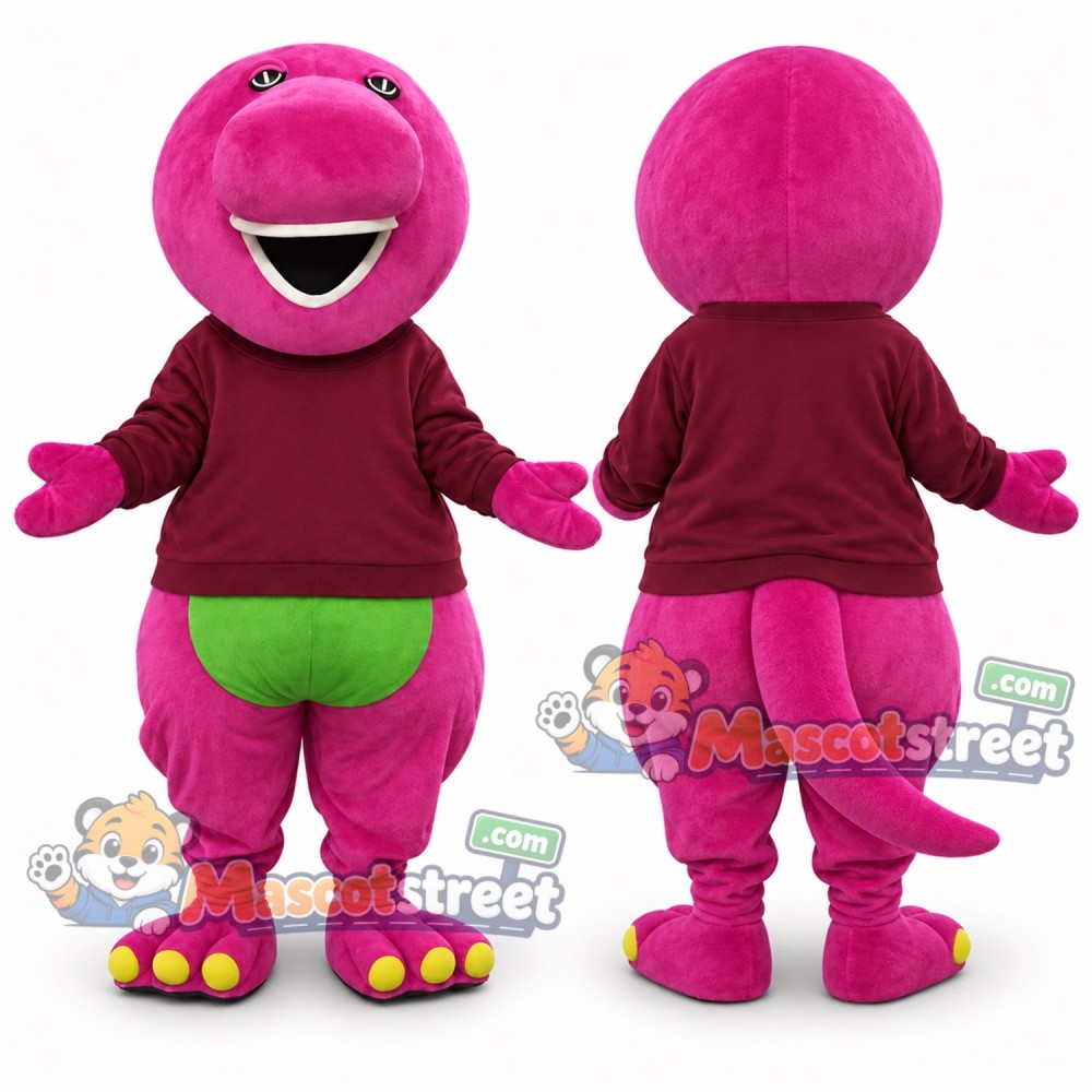 Pink Dinosaur Mascot Costume with Burgundy Sweatshirt Pink Dinosaur Mascot Costume with Burgundy Sweatshirt
