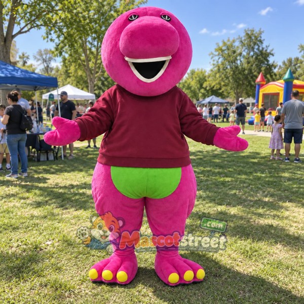 Pink Dinosaur Mascot Costume with Burgundy Sweatshirt