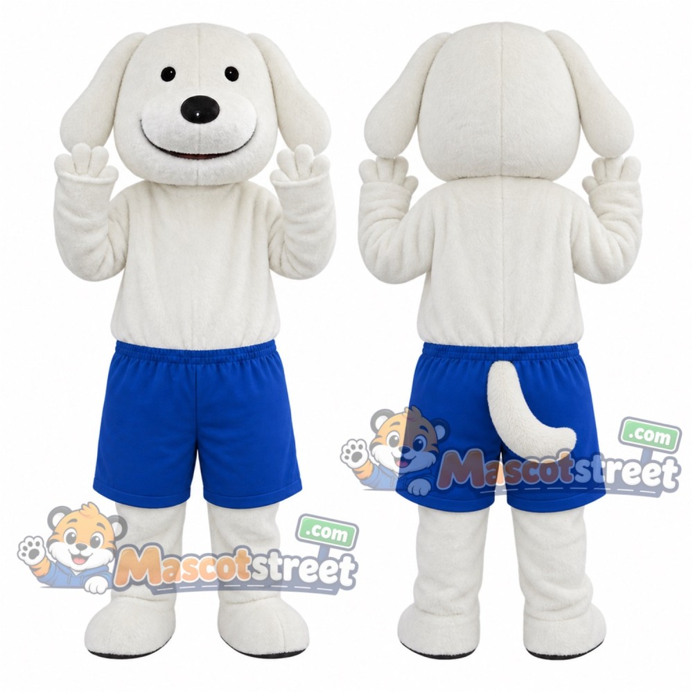 White Dog Mascot Costume with White Shirt and Blue Shorts White Dog Mascot Costume with White Shirt and Blue Shorts