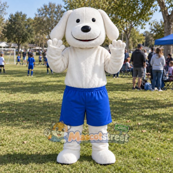 White Dog Mascot Costume with White Shirt and Blue Shorts