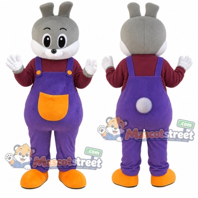 Gray Rabbit Mascot Costume with Purple Overalls