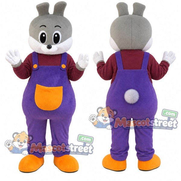 Gray Rabbit Mascot Costume with Purple Overalls