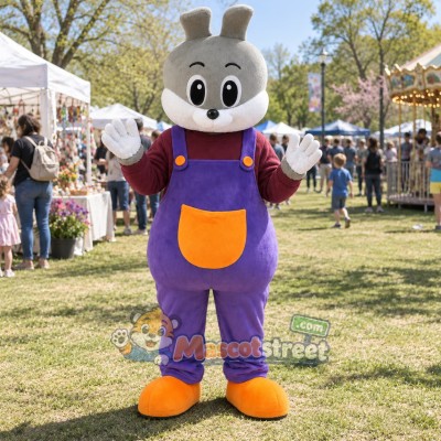 Gray Rabbit Mascot Costume with Purple Overalls