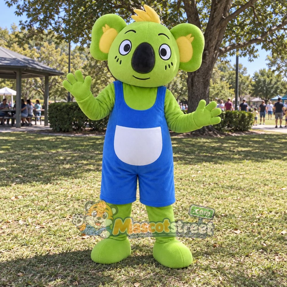Green Koala Mascot Costume with Blue Overalls Green Koala Mascot Costume with Blue Overalls