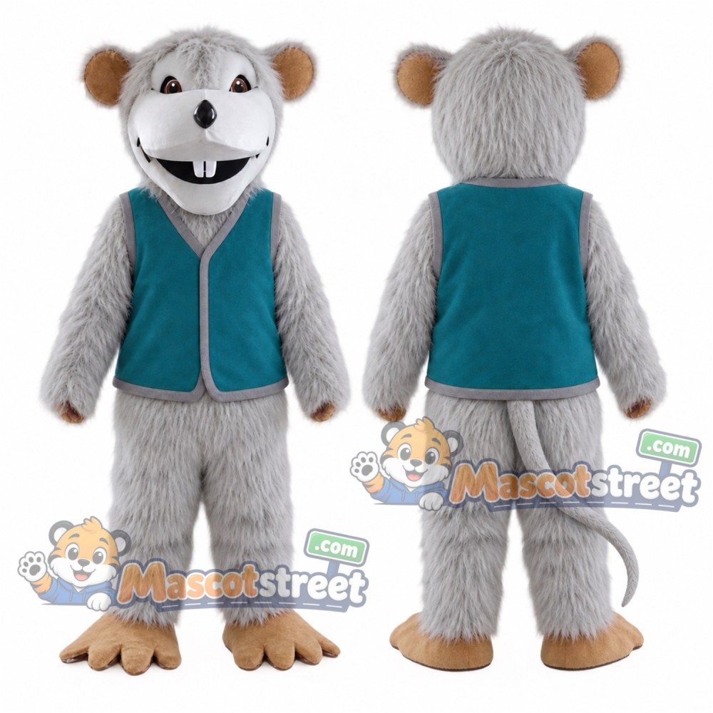 Gray Mouse Mascot Costume with Teal Vest Gray Mouse Mascot Costume with Teal Vest