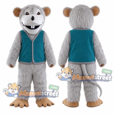 Gray Mouse Mascot Costume with Teal Vest Gray Mouse Mascot Costume with Teal Vest