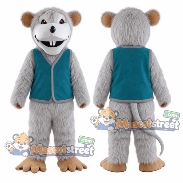 Gray Mouse Mascot Costume with Teal Vest