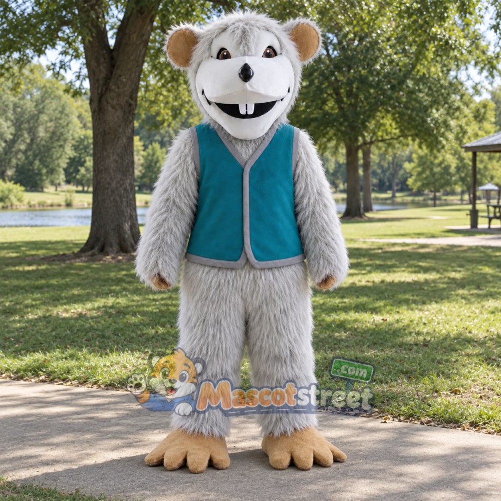 Gray Mouse Mascot Costume with Teal Vest Gray Mouse Mascot Costume with Teal Vest