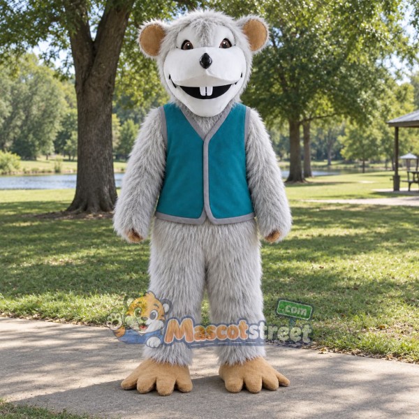Gray Mouse Mascot Costume with Teal Vest