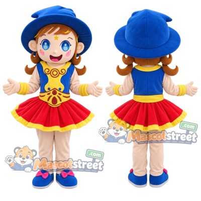 Girl Mascot Costume with Blue Hat and Red Skirt