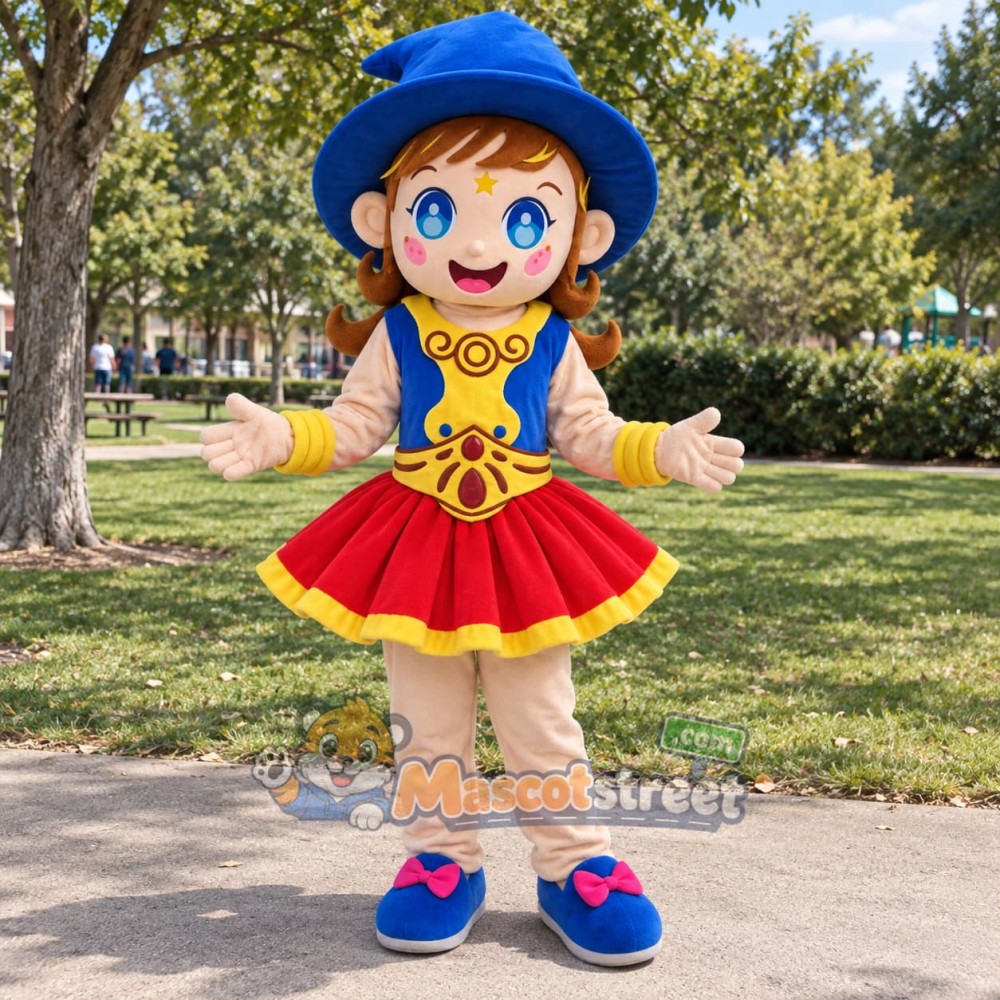 Girl Mascot Costume with Blue Hat and Red Skirt