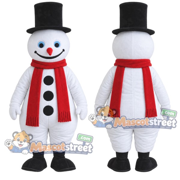 Snowman Mascot Costume with Black Top Hat and Red Scarf