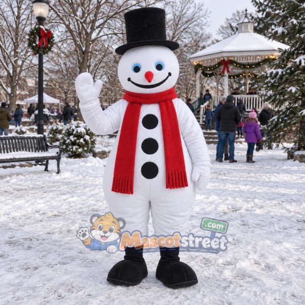 Snowman Mascot Costume with Black Top Hat and Red Scarf