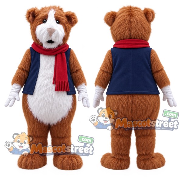 Brown and White Hamster Mascot Costume with Navy Vest and Red Scarf