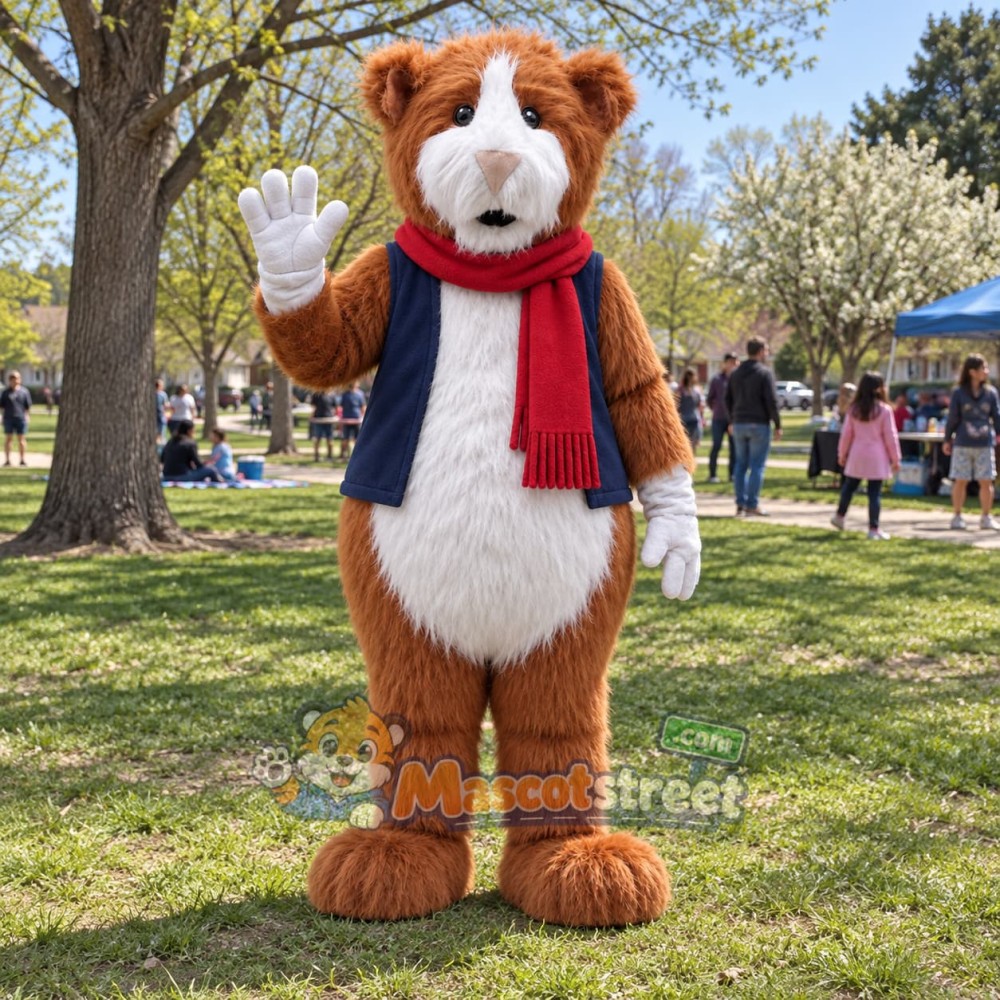 Brown and White Hamster Mascot Costume with Navy Vest and Red Scarf Brown and White Hamster Mascot Costume with Navy Vest and Red Scarf