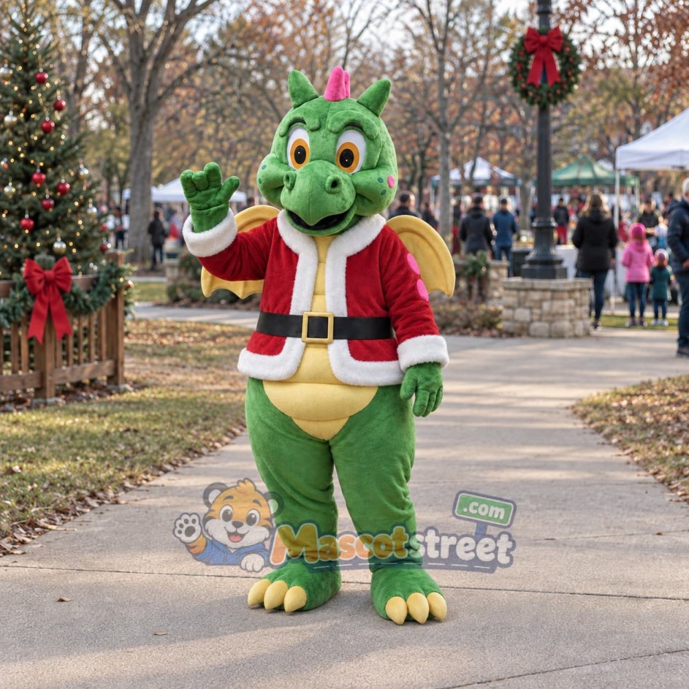 Green Dragon Mascot Costume with Santa Jacket Green Dragon Mascot Costume with Santa Jacket