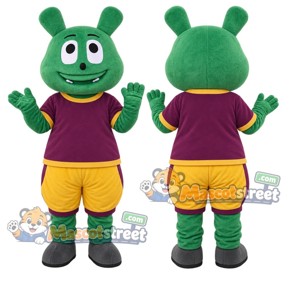 Green Bear Mascot Costume with Purple Shirt and Yellow Shorts
