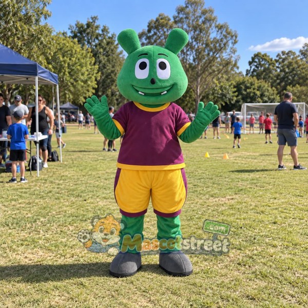 Green Bear Mascot Costume with Purple Shirt and Yellow Shorts