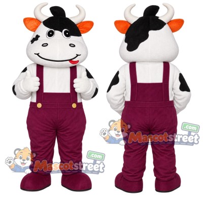White Cow Mascot Costume with Purple Overalls White Cow Mascot Costume with Purple Overalls
