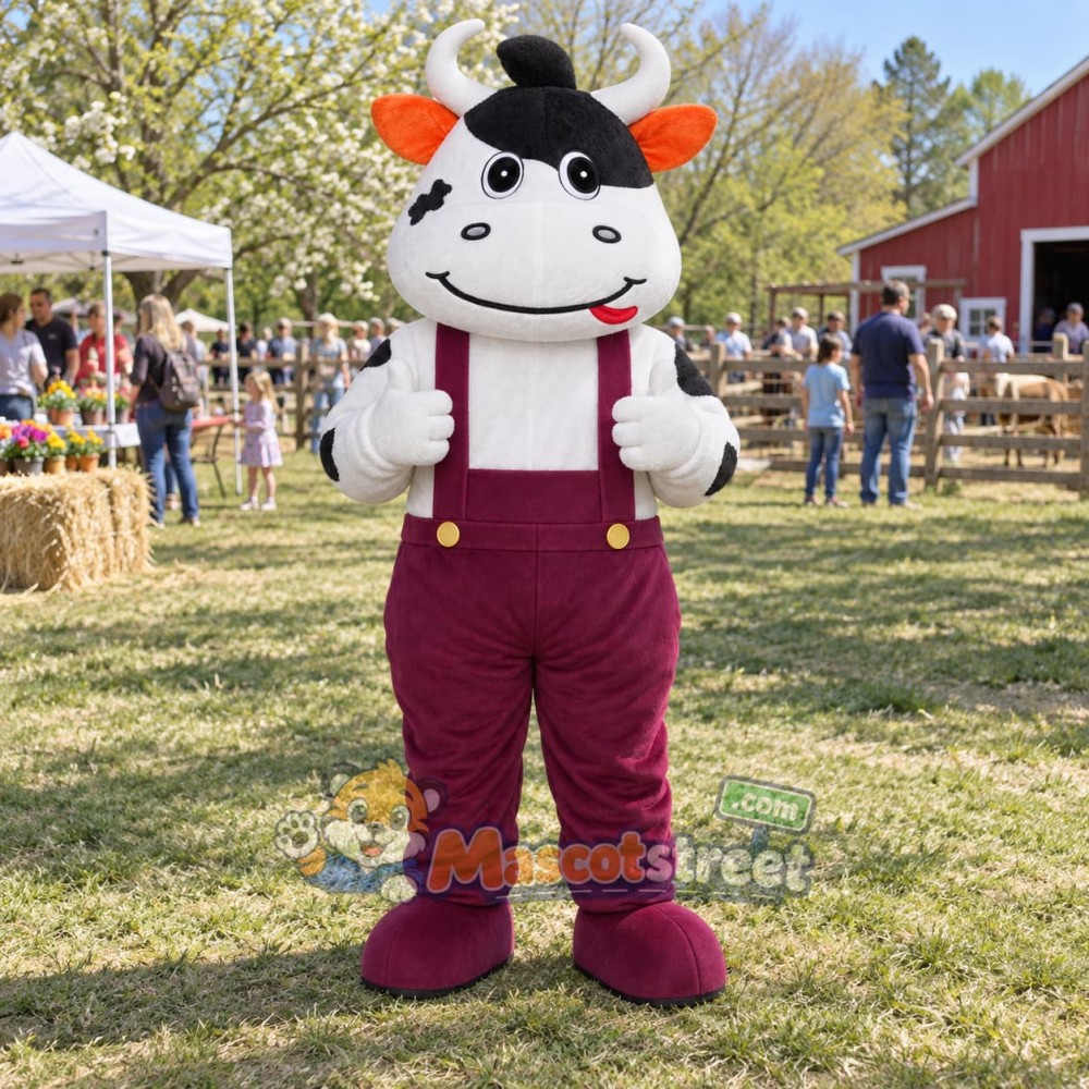 White Cow Mascot Costume with Purple Overalls White Cow Mascot Costume with Purple Overalls