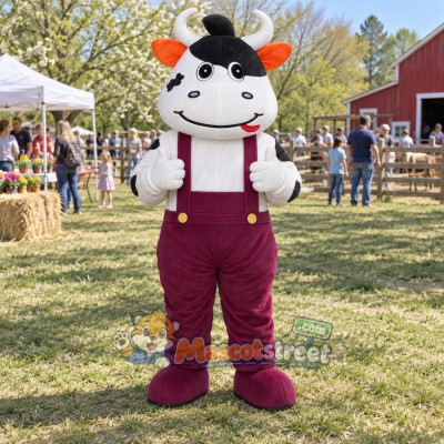 White Cow Mascot Costume with Purple Overalls White Cow Mascot Costume with Purple Overalls