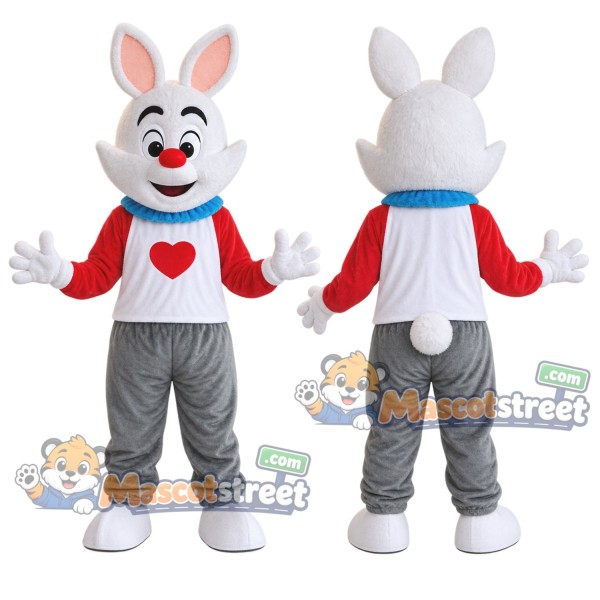 White Rabbit Mascot Costume with Red Sleeves and Gray Pants