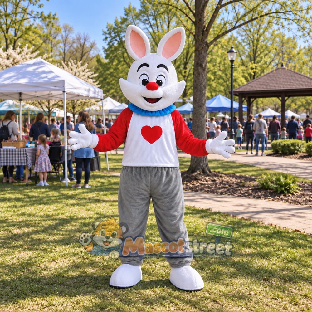 White Rabbit Mascot Costume with Red Sleeves and Gray Pants