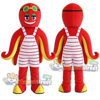 Red Octopus Mascot Costume with Striped Swimsuit Red Octopus Mascot Costume with Striped Swimsuit